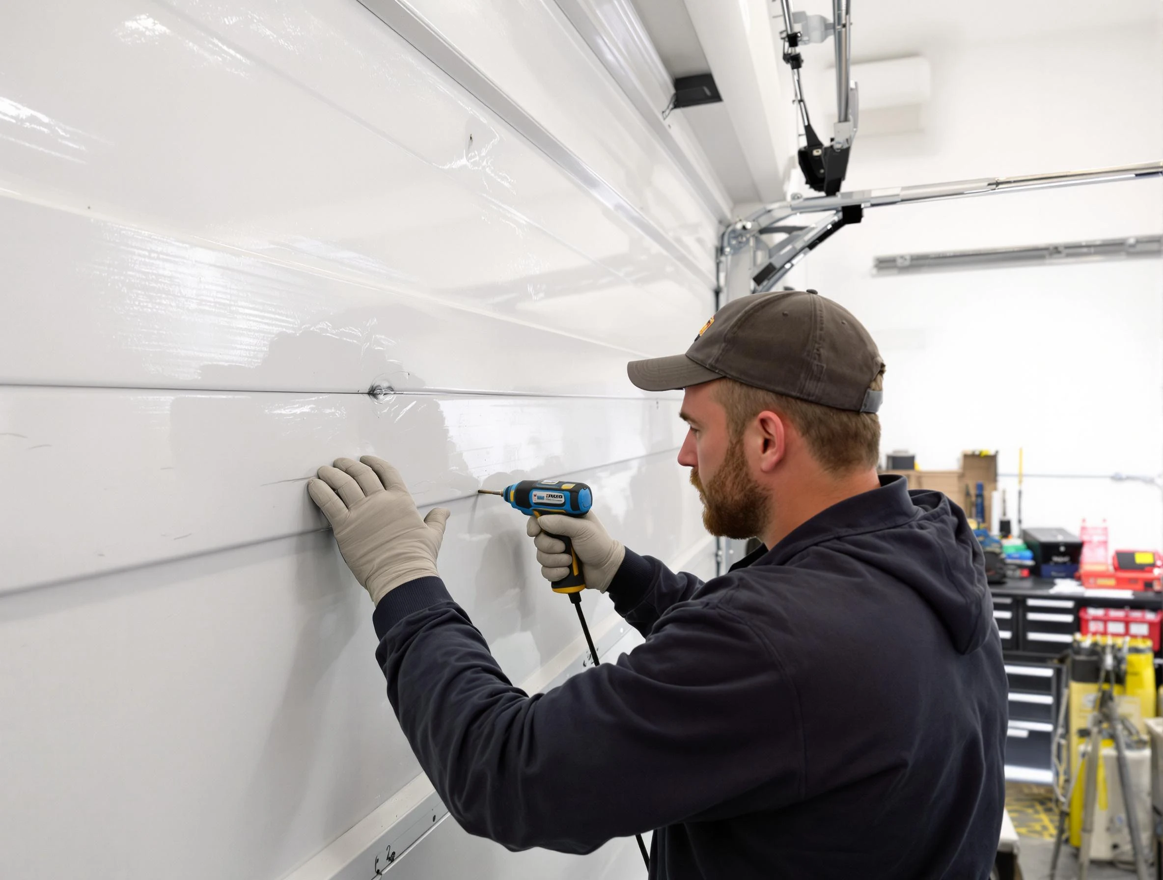 Warr Acres Garage Door Repair technician demonstrating precision dent removal techniques on a Warr Acres garage door